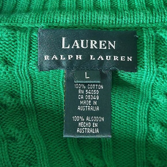 RALPH LAUREN Green Cable Knit Embroidered Crest 1/4 Zip Pullover Sweater Large - Picture 8 of 8